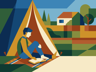 A young man relaxes inside a tent, reading a book with a scenic landscape backdrop.  Vibrant, stylized illustration evokes a cozy staycation mood. © Vector Factory
