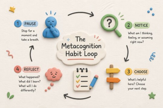 Metacognition habit loop infographic with reflection and decision steps in a colorful educational psychology concept