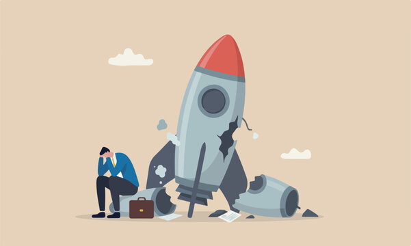 Fail business company fall crash launching space rocket metaphor of new business failure