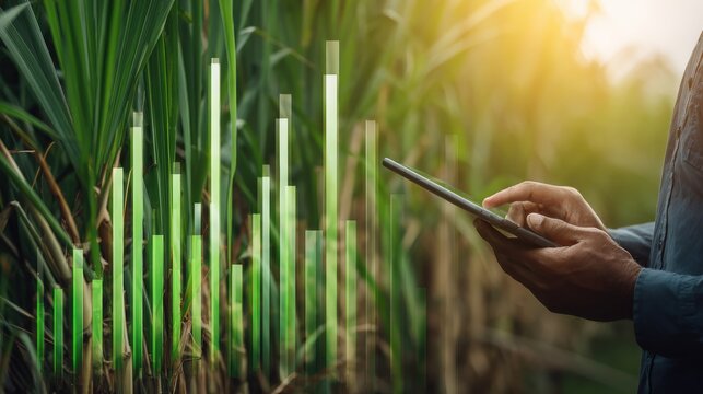 Farmer monitors agricultural data on a digital tablet in a sugarcane field.