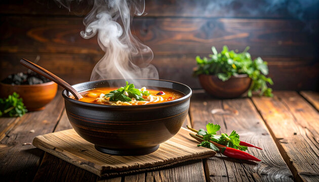 Steaming bowl of soup on wooden table