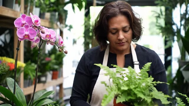 Diverse small business owner in apron, watering orchids, pruning ferns, and greeting clients in a vibrant plant nursery with lush plants and soft daylight. Flourishing local business atmosphere