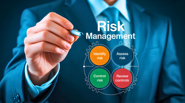 Business professional demonstrating comprehensive risk management strategy on a transparent virtual screen, outlining crucial steps for assessment, control, and mitigation in corporate operations