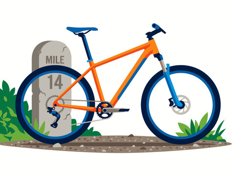 A vibrant mountain bike approaches a milestone marker.  Detailed illustration showcasing gravel, sport, and bicycle components.  Bright colors and clean lines create a dynamic visual.