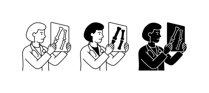Doctor Examining X-ray, Medical Professional Holding Bone Scan, Healthcare Diagnostic Icon Set, Clinical Research Illustration