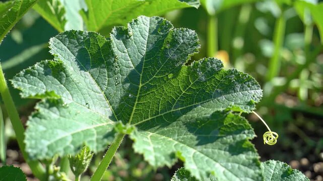 Closeup of a vibrant green pumpkin leaf with intricate veins and a curling tendril.