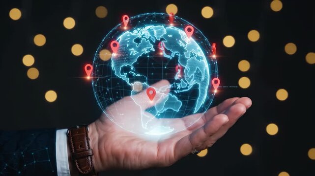 Hand holding glowing digital globe with location pins and data visualization.