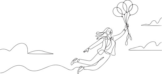 Fototapeta premium Continuous one line drawing happy wealthy businesswoman flying with balloon air in the sky. Office worker achieve financial independence. one line icon drawing vector