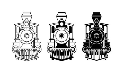 Vintage Steam Locomotive Icons, Retro Train Front Views, Classic Transportation Vector Set, Black and White Industrial Engine Graphics © MdShakawat