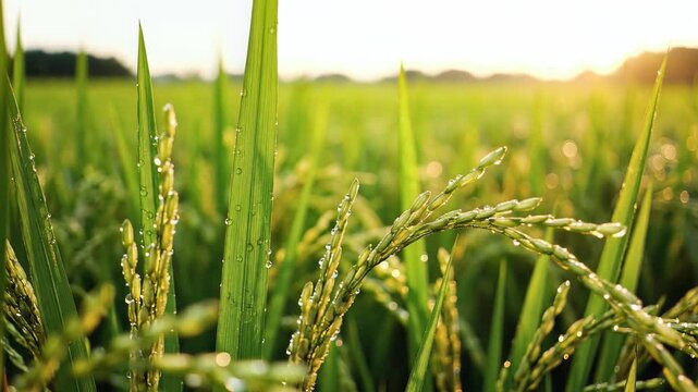Golden Rice Field at Sunset with Dew Drops.