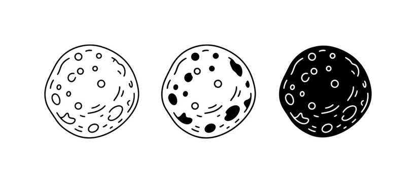 Celestial Bodies Collection: Three Stylized Moon Icons, Cosmic Orbs, Lunar Surface Textures, Black and White Vector Art for Space Exploration and Astronomy Themes