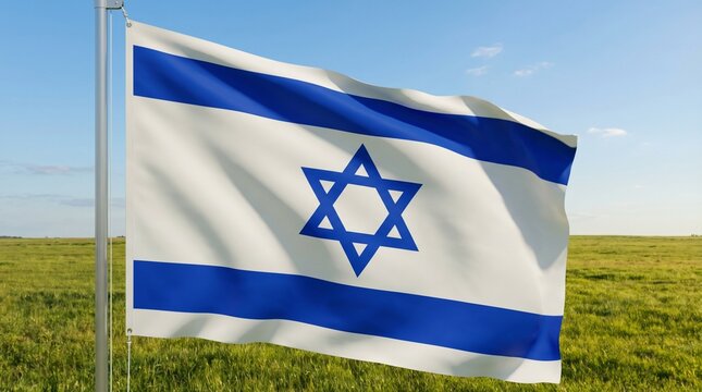 Flag of israel waving in the wind against a clear blue sky and a green field