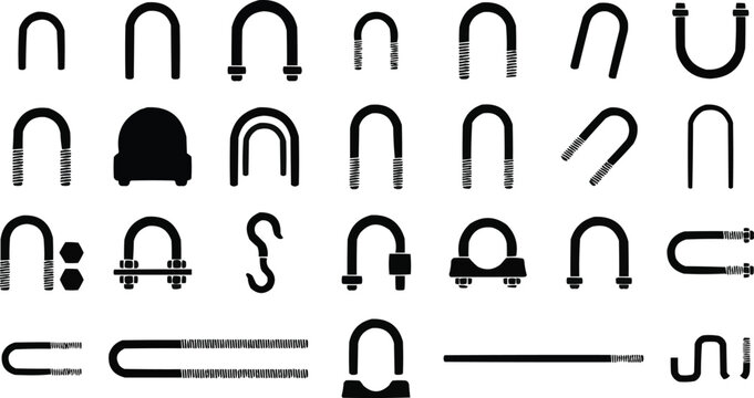 U-Bolt and Industrial Fastener Icon Set: Black Silhouette Vector Illustration of Hardware, Clamps, and Threaded Bolts for Engineering and Construction