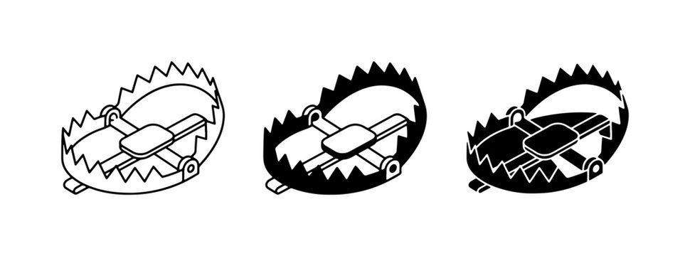 Set of 3 Bear Trap Icons, Outline and Silhouette, Metal Jaw Trap Vector Graphics for Hunting and Danger Concepts