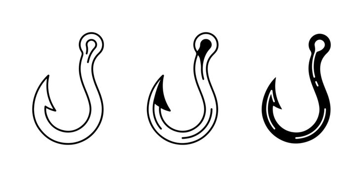 Fishing Hooks Vector Icons Set, Simple Outline and Solid Black Designs, Nautical and Outdoor Recreation Graphics