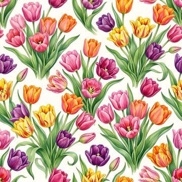 Patr&oacute;n de tulipanes en acuarela sin costuras sobre fondo blanco para dise&ntilde;o de textiles y papel tapiz