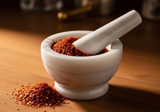 Aleppo pepper flakes in a mortar with pestle on wooden table. aleppo pepper flakes