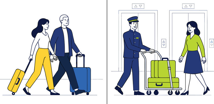 Hotel Guests Arriving with Luggage and Bellboy Carrying Bags on Cart Near Elevator Vector Illustration Set