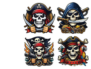 Fototapeta premium Pirate Skull Emblems Set — Cutlass, Treasure, Pistols, Parrot