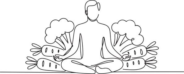 Naklejka premium broccoli, carrot, vegetable and healthy food with yoga or meditating man in one continuous single line style isolated on white background. one line icon drawing vector