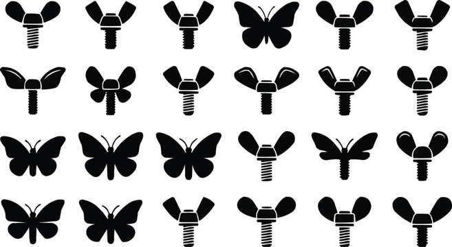 Wing nut bolts and butterfly silhouettes conceptual vector set