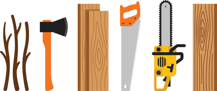 Woodworking and Lumber Tools Collection with Axe Handsaw Chainsaw and Wood Planks Vector Icon Set