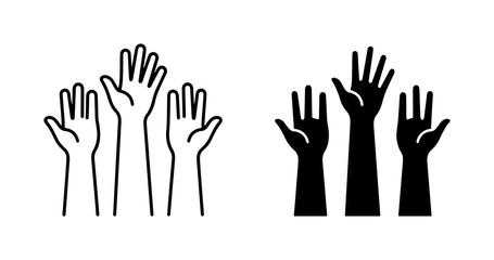 Fototapeta premium Diverse Hands Raised Vector Icons, Silhouette and Outline Styles, Representing Voting, Participation, and Support