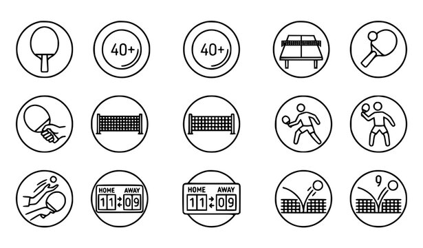 Ping pong or table tennis sports equipment and game action icons