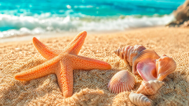 starfish, seashells and marine conches beach
