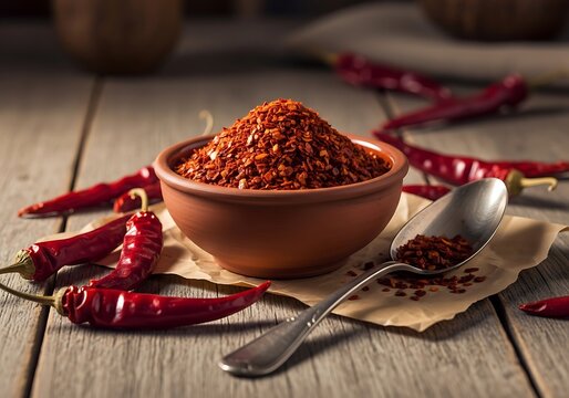 Aleppo pepper flakes in a bowl with chili peppers on a rustic wooden table. aleppo pepper flakes