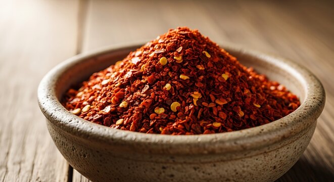 Close-up of Aleppo pepper flakes in a rustic bowl on wooden table. aleppo pepper flakes