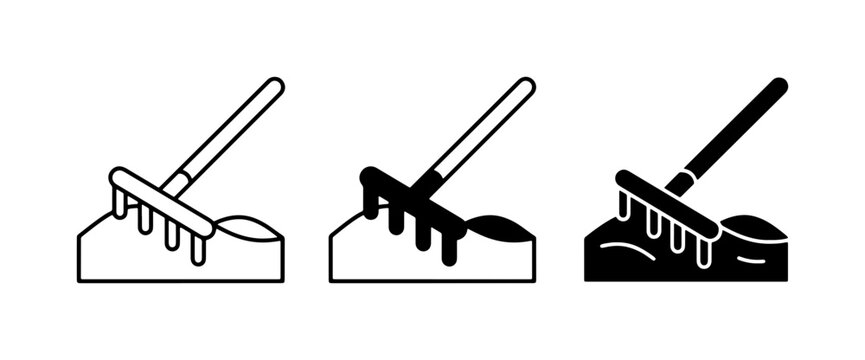 Garden Rake Icons, Farming Tool Symbols, Agricultural Equipment Vector Graphics for Lawn Care and Soil Cultivation