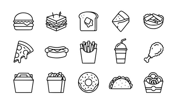 Delicious fast food and street food icons set for cafe menu design.