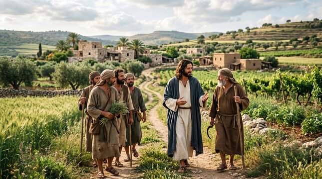 Jesus christ walking and talking with his disciples through a rural landscape with ancient stone buildings