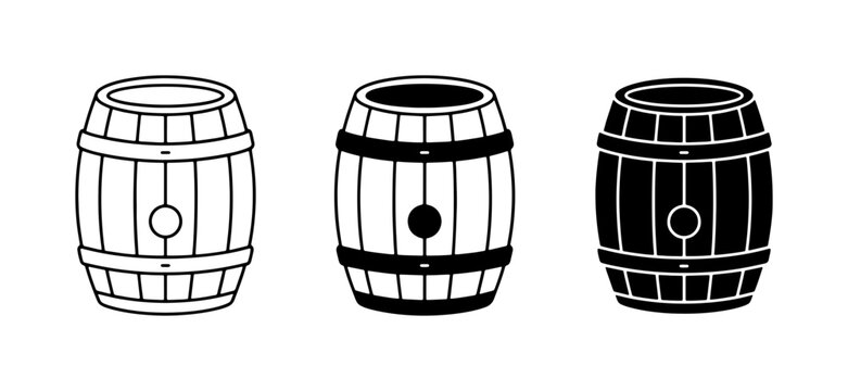 Wooden Barrel Icons, Set of 3 Vintage Storage Containers, Black and White Line Art and Silhouette for Beverage and Food Industry Graphics