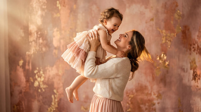 Happy mother lifting toddler daughter, both laughing with pure joy against warm textured background, celebrating unconditional love, motherhood, and family bonding moments.