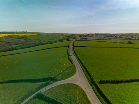 Aerial drone view of a country road forming a T-junction in lush green farmland. Yellow rapeseed fields and hedgerows shape a peaceful agricultural landscape in rural England.