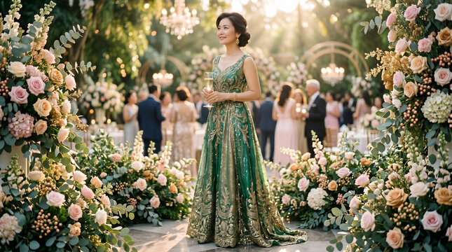 Elegant mature Asian woman in emerald green gown celebrating at luxury garden party, Mother&rsquo;s Day tribute, sophisticated matriarch with champagne, formal outdoor event atmosphere.
