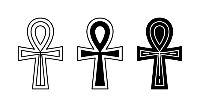 Ancient Egyptian Ankh Symbols, Life Key Hieroglyph Vector Icons, Black and White Sacred Cross Graphics, Mystical Religious Iconography
