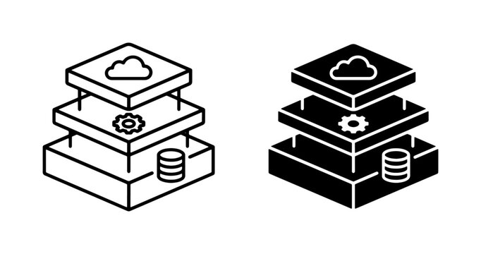 Layered Cloud Computing Architecture Icons, Data Storage and Gear Symbol, Isometric Vector Set