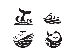 Set of black silhouette depicting whales, a boat with passengers, and ocean waves, isolated on a white background, representing marine life and nautical travel themes © Sabbir Art Express
