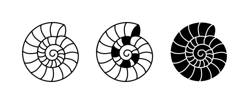 Ammonite Fossil Icons, Spiral Shell Vector Graphics, Ancient Marine Life Silhouettes