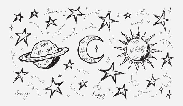 Whimsical doodle of celestial bodies and stars moon