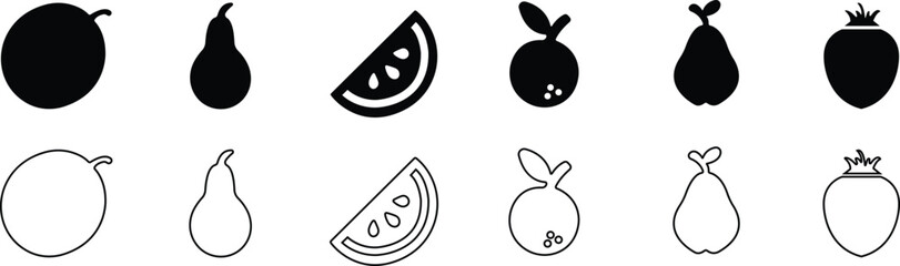 Fruit food icon set collection group in black flat and line style featuring apple, banana, orange, grape, lemon, berry synonym elements for healthy diet, fresh produce and nutrition design use © AbdulJabbar