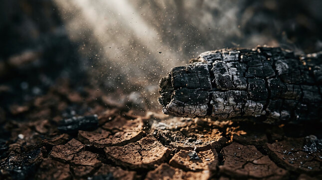 Burnt charred wood on cracked parched earth with dramatic sunbeams, wildfire aftermath, climate change concept, forest fire destruction, ecological crisis, drought-stricken land.