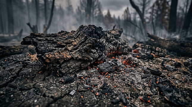 Charred log with glowing embers and ash in a burnt forest landscape, aftermath of a devastating wildfire, environmental destruction, climate change crisis, smoldering wood.