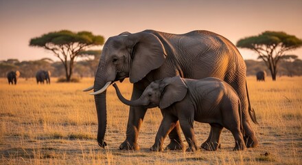 Fototapeta premium Large african elephant mother walking across the dry grassy savanna with her small baby calf