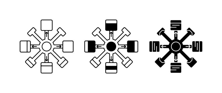 Radial Engine Icons, Piston Motor Symbols, Mechanical Component Graphics, Set of 3 Vector Illustrations