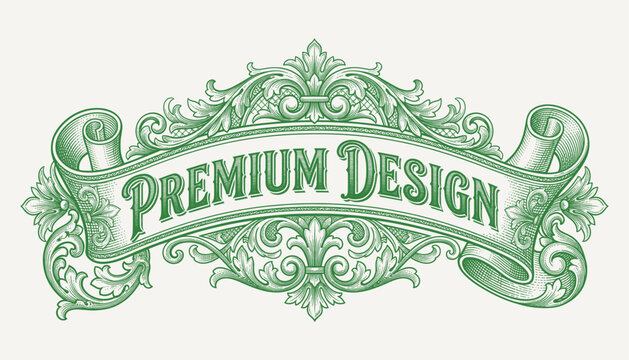 Elaborate green ornamental banner with symmetrical scrollwork and flourishes on a light background, showcasing vintage design elements and decorative typography.