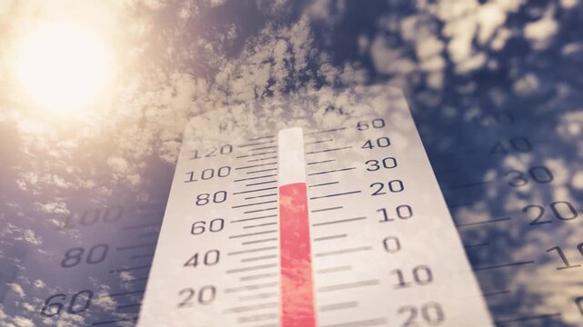 High temperature concept with a bright sun and rising thermometer, ideal for heatwave, global warming, summer danger, and weather crisis themes